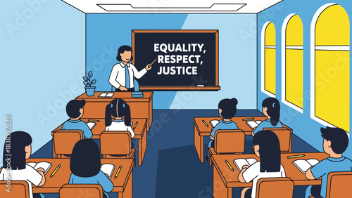 Vector art of a teacher explaining equality, respect, and justice to students in a classroom, promoting inclusive education, positive values, and social awareness in a school setting