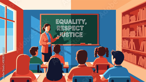 Vector art of a teacher explaining equality, respect, and justice to students in a classroom, promoting inclusive education, positive values, and social awareness in a school setting