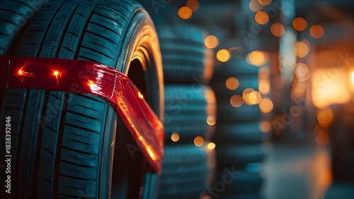 Car tires decorated with a red gift bow. Car tires accessories, 
Car puncture, car tires background. Changing tires car dealership. Tire service truck wheel alignment, Christmas  orange fairy lights. 