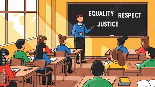 Vector art of a teacher explaining equality, respect, and justice to students in a classroom, promoting inclusive education, positive values, and social awareness in a school setting