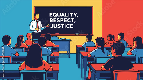 Vector art of a teacher explaining equality, respect, and justice to students in a classroom, promoting inclusive education, positive values, and social awareness in a school setting