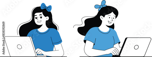 Young woman happily working on a laptop, engaged in online learning or remote work.