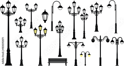 Street lamp icon set, black silhouette urban lighting designs with bench for architecture and city planning, cad drawing flat vector illustration