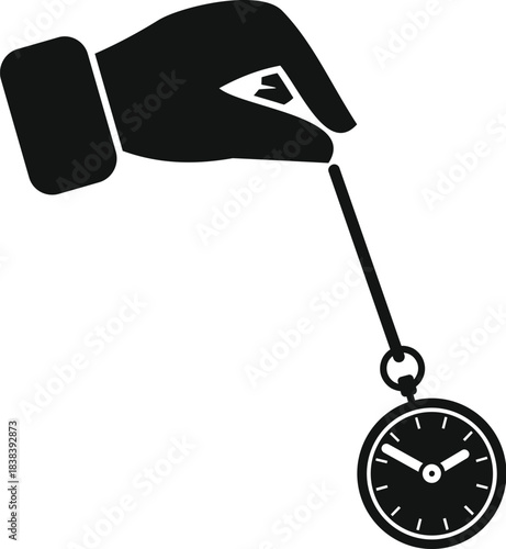 Hand holding a pocket watch on a string, swinging like a pendulum, representing hypnosis or time