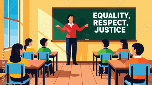 Vector art of a teacher explaining equality, respect, and justice to students in a classroom, promoting inclusive education, positive values, and social awareness in a school setting