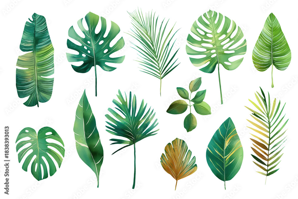 Fototapeta premium Lush Hand Drawn Watercolor Green Tropical Palm Leaves on Dark Background