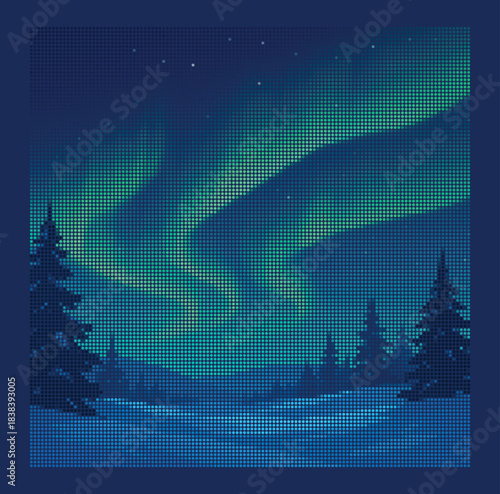 Aurora Borealis Rhinestone Template Northern Lights Halftone Dot Art Winter Forest Scene Vector Design for Heat Transfer Vinyl Bling T-Shirt Press