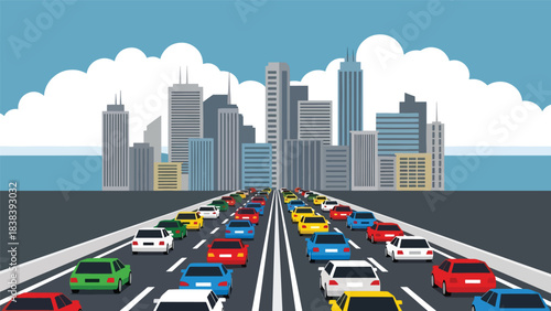 Vector art of heavy traffic on a busy highway leading into a modern city skyline, illustrating urban commuting, transportation challenges, and metropolitan infrastructure in a fast-paced environment