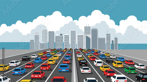 Vector art of heavy traffic on a busy highway leading into a modern city skyline, illustrating urban commuting, transportation challenges, and metropolitan infrastructure in a fast-paced environment