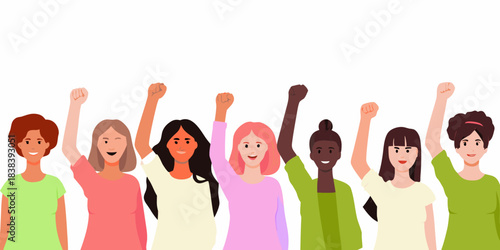 Diverse group of women raising their arms in a celebratory gesture