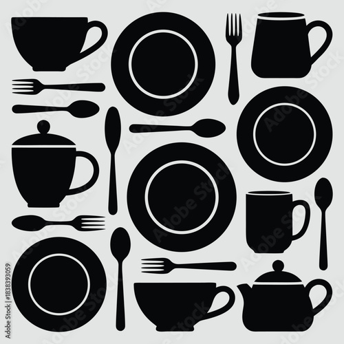 Black silhouettes of various dinnerware and utensils on white background