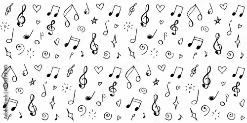 A whimsical pattern of musical notes stars and hearts in black and white