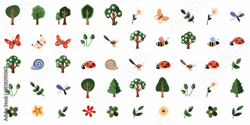 Colorful collection of trees butterflies flowers and insects in cartoon style