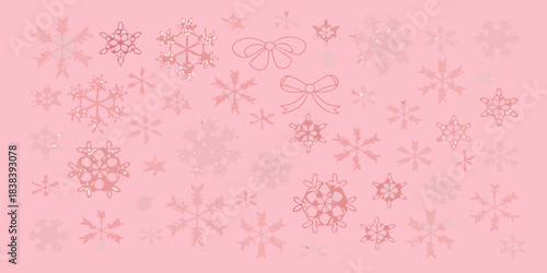 A soft pink background adorned with delicate snowflake and bow illustrations