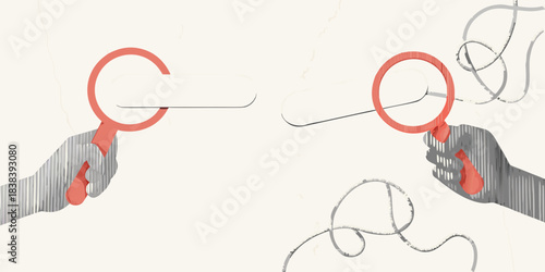 Two hands holding magnifying glasses over a tangled gray line