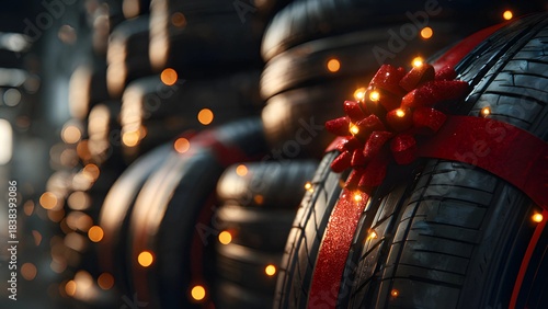 Car tires decorated with a red gift bow. Car tires accessories, 
Car puncture, car tires background. Changing tires car dealership. Tire service truck wheel alignment, Christmas  orange fairy lights. 
