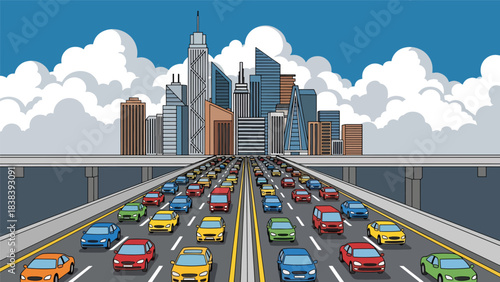 Vector art of heavy traffic on a busy highway leading into a modern city skyline, illustrating urban commuting, transportation challenges, and metropolitan infrastructure in a fast-paced environment