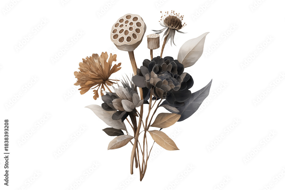 Fototapeta premium Moody Hand Drawn Watercolor Bouquet of Dried Flowers and Lotus Pods