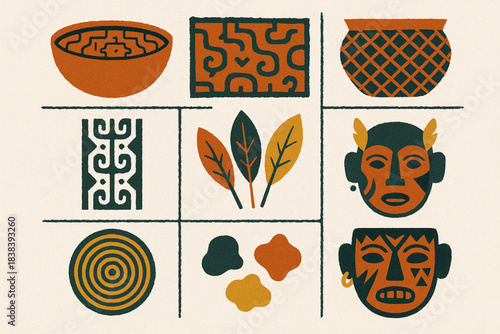 Amazonian Peruvian crafts vector icons in torn textured geometric grid on white background