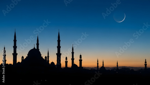 Mosque silhouette against a twilight sky with crescent moon