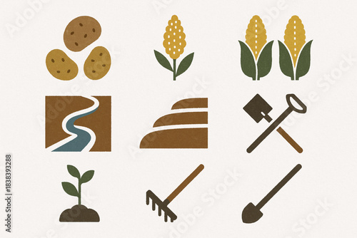 Peruvian agriculture vector icons in torn textured neat grid on white background