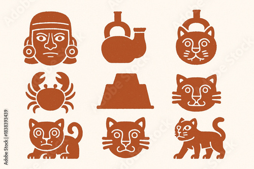 Mochica culture vector icons in torn textured tidy grid on white background