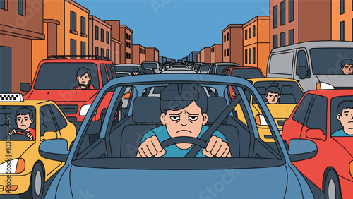 Vector art of a stressed driver stuck in heavy traffic, illustrating frustration during a daily commute and highlighting urban transportation challenges in a busy city environment
