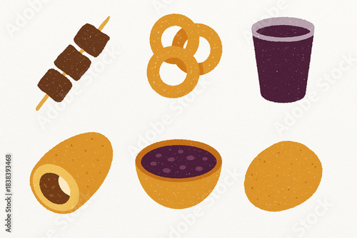 Peruvian street food vector icons in torn textured square grid on white background