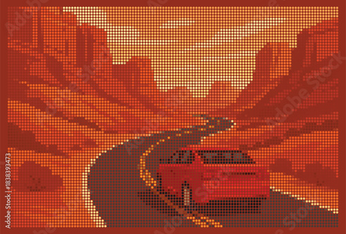 Desert Road Trip Halftone Rhinestone Art: Red Canyon Landscape, Winding Road, Classic Car Poster Template, Warm Sunset Orange Tones