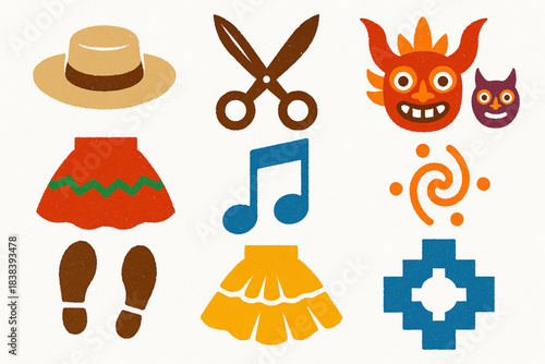 Peruvian traditional dance vector icons in torn textured clean grid on white background