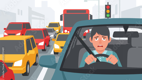 Vector art of a stressed driver stuck in heavy traffic, illustrating frustration during a daily commute and highlighting urban transportation challenges in a busy city environment