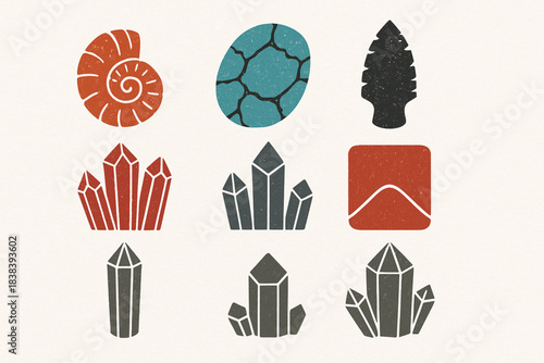 Peruvian minerals and stones vector icons in torn textured grid on white background