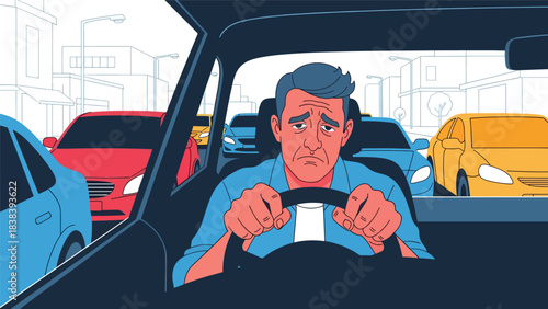 Vector art of a stressed driver stuck in heavy traffic, illustrating frustration during a daily commute and highlighting urban transportation challenges in a busy city environment