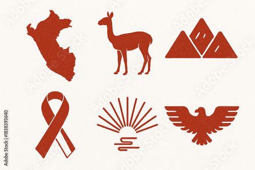 Peruvian national heritage vector icons in torn textured simple grid on white background