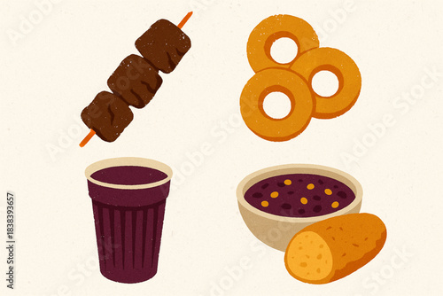 Peruvian street food vector icons in torn textured square grid on white background