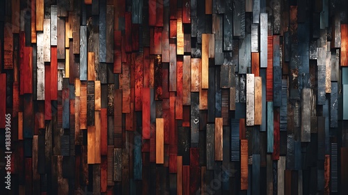 Abstract wooden backdrop with vertically aligned, textured planks in varying warm and cool hues