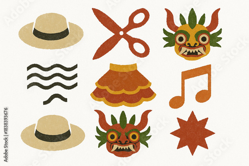 Peruvian traditional dance vector icons in torn textured clean grid on white background