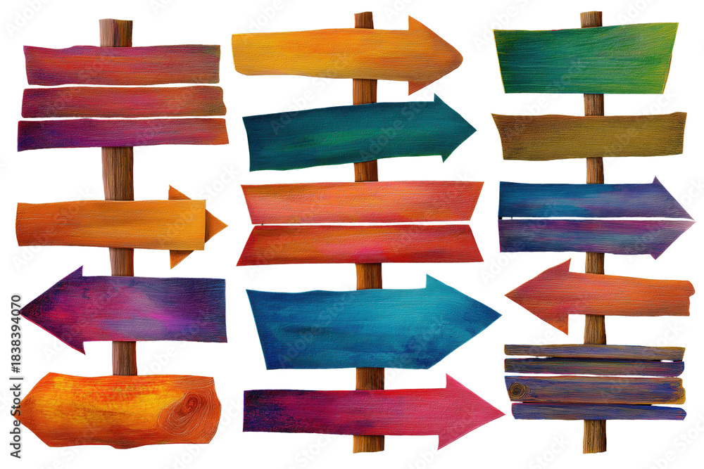 Obraz premium Colorful Wooden Signposts Set Hand Drawn Watercolor Flowers Illustration