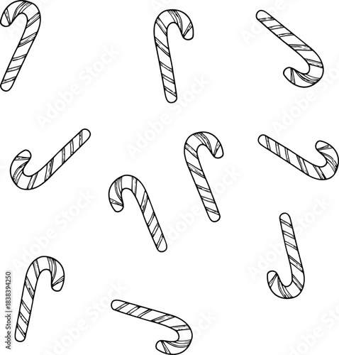 Hand-drawn illustration of candy canes scattered across a white background, perfect for holiday or festive designs