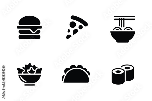 Collection of six popular fast food and meal icons in black silhouette