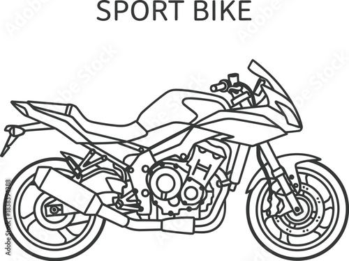 Detailed line art illustration of a modern sport bike on a clean white background