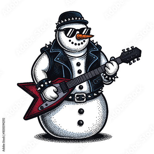 cool rock and roll snowman with electric guitar, funny retro winter mascot illustration