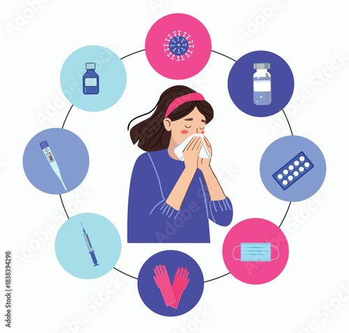 Icon set of Remedies for the prevention and treatment of colds.