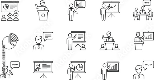 Minimalist Presentation and Meeting Line Art Icon Set, Public Speaking, Business Communication, Seminar, Conference, and Data Reporting Vector Graphic