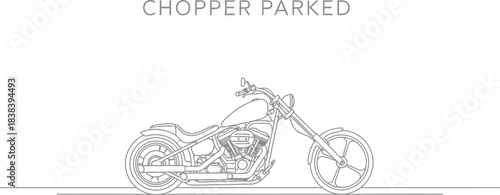 Minimalist line art of a parked chopper motorcycle on a white background design
