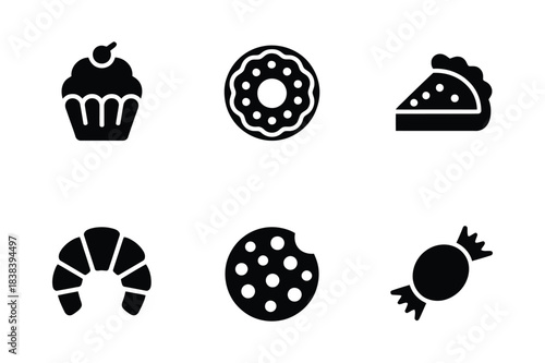 Collection of six black and white icons representing various sweet treats