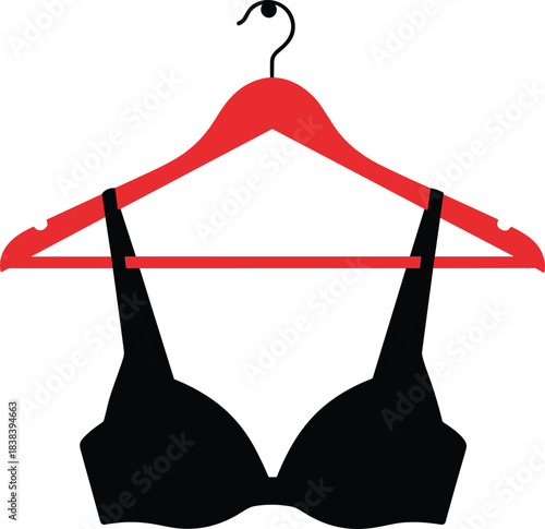 Modern vector illustration of black bra hanging on red clothes hanger, minimalist lingerie design icon for fashion branding and garment presentation.