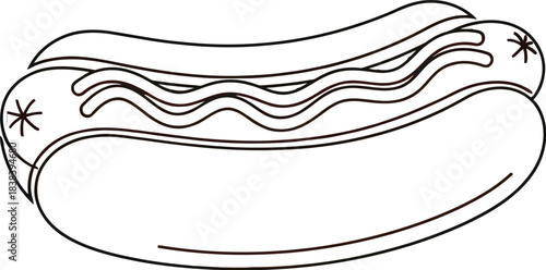 Cartoon hotdog with mustard and ketchup on a white background illustration