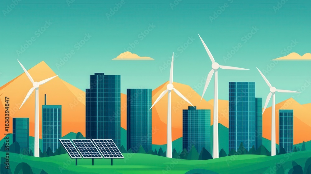 Fototapeta premium A vibrant illustration of a modern city skyline featuring wind turbines and solar panels, emphasizing renewable energy and sustainability.