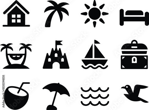 Beach and Travel Icons A Collection of Vacation and Holiday Themed Vector Graphics